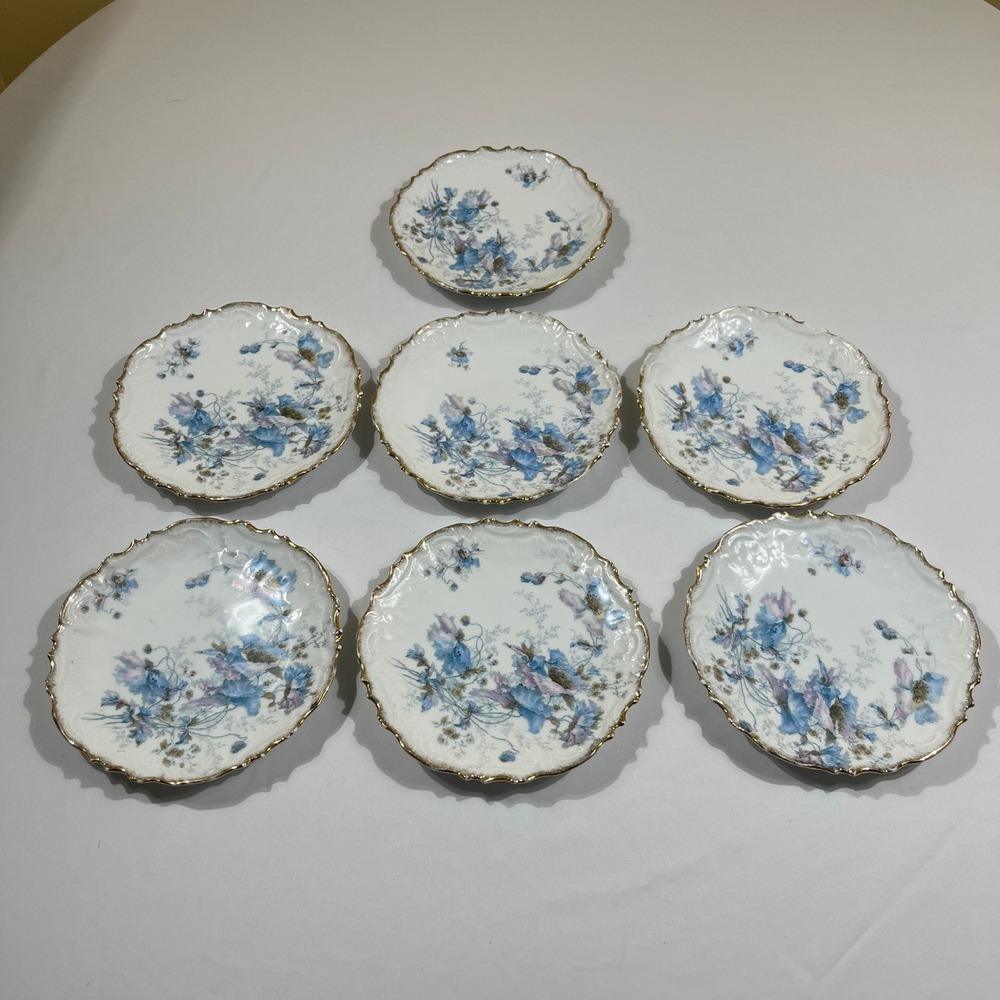 Vintage Floral Poppy Bread Butter Plates Set 7 White Blue Gold Scalloped 7.75"